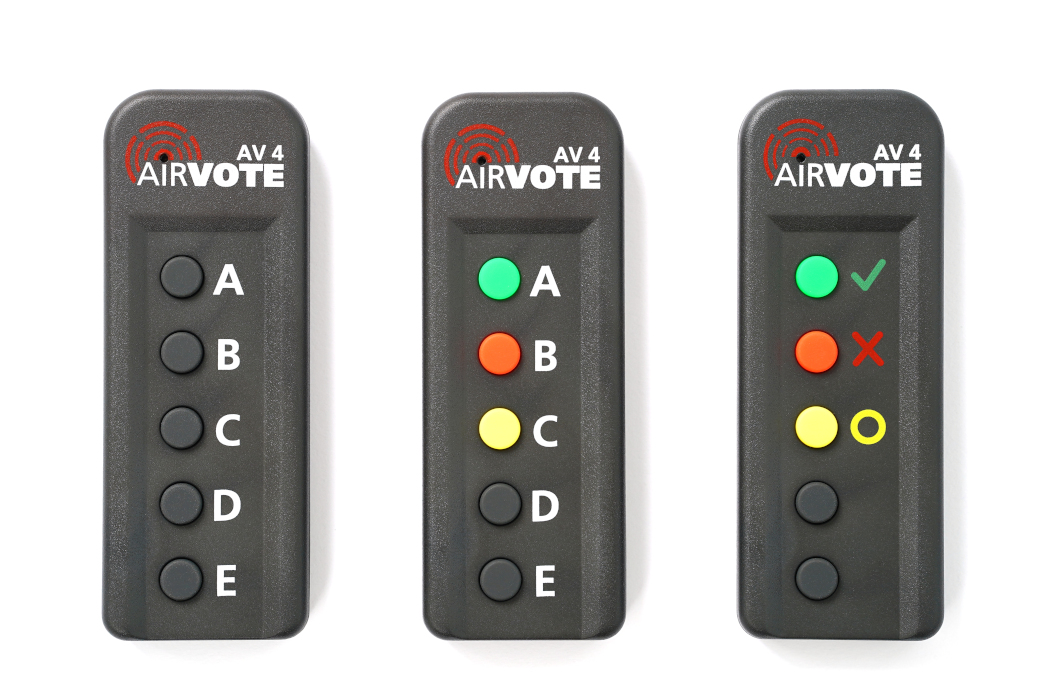 AIRVOTE AV4 Handgeräte Varianten: Standard A-E, farbkodierte Tasten und Ja-Nein-Symbole